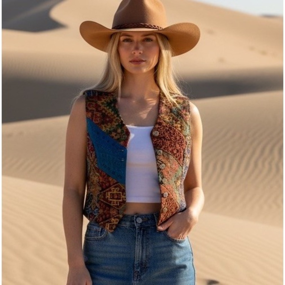 Vintage 90's Y2K Tapestry Vest Womens 12 Patchwork Western Cowgirl Boho Indie
